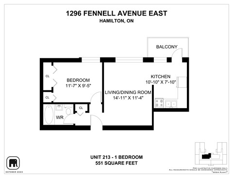 A floor plan for a 551 square feet apartment with a bedroom, living/dining room, kitchen, and balcony.